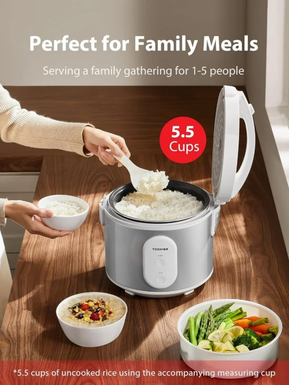 5.5 Cup Rice Cooker & Steamer with Non-Stick Pot, One-Touch Function, Silver